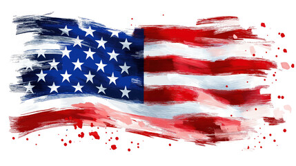 Vibrant graphic design featuring American flag with red, white, blue colors. Iconic stars, stripes prominently displayed. Flag slightly tilted to right, adding dynamic element to composition. Solid