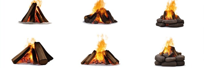 Fire pit designs with logs and different color schemes. Six fire pits in 2x3 grid. Orange, blue, yellow, warm, cool colors. Log arrangements, firewood, flames, heat, burn, campfire, camping, summer.