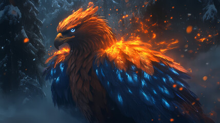 Fierce eagle with glowing orange and blue feathers in a dark, dramatic setting. Mystical. Illustration