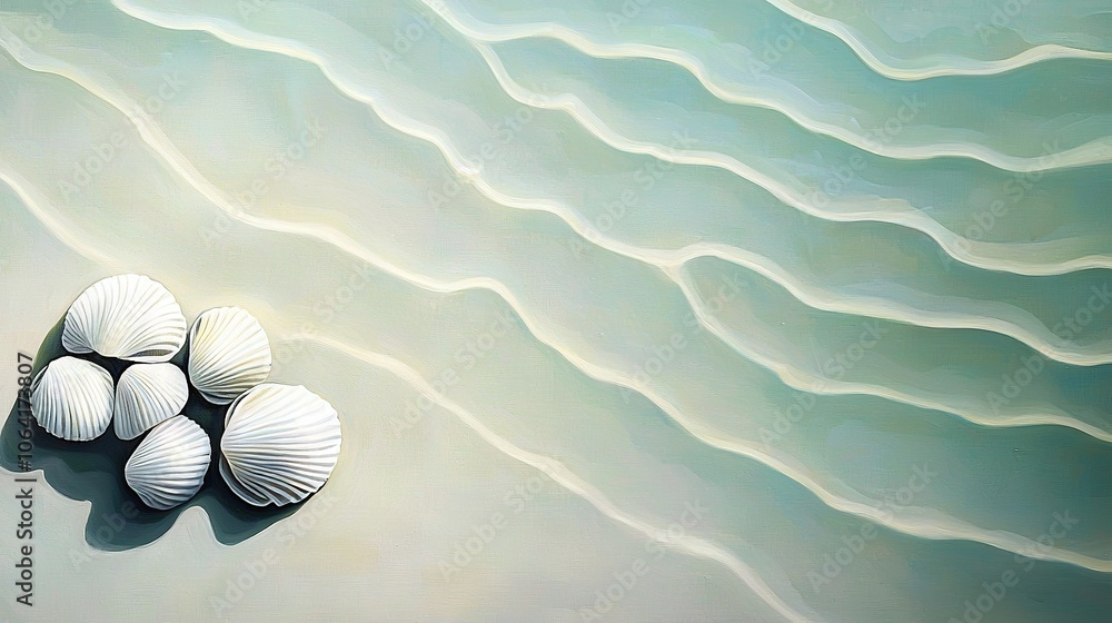 Poster a painting of seashells on a beach with a wave pattern in the background