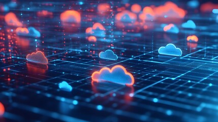 Obraz premium Abstract Representation of Cloud Computing with Glowing Icons on a Digital Grid
