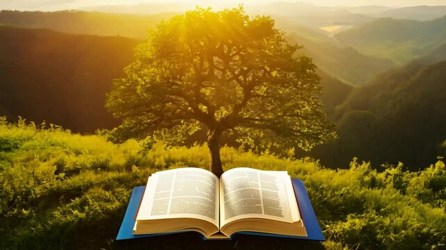 Large Tree and Open Book in Scenic Landscape Journey Through Natures Knowledge Under Sunlit Hills and Green Skies