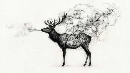   A monochrome photograph depicts a deer with smoke emanating from its antelope's antlers