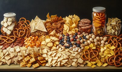 Assorted snacks pretzels crackers chips nuts and nachos