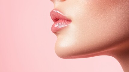 Tight shot of a woman's face, skin lifted around jawline and eyes, soft pastel pink background, modern skincare focus