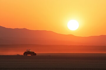 Tractor at Sunset Over Agricultural Landscape