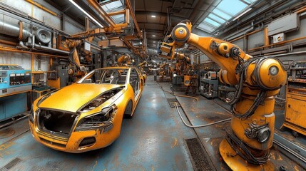 Fototapeta premium Robotic arms assemble a yellow car body in a factory.