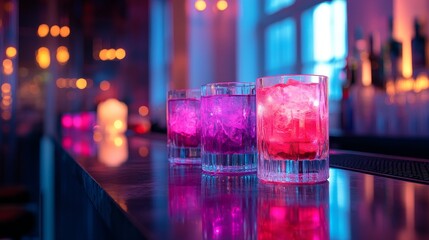 Stylish bar table with a row of colorful cocktails, vibrant pink and violet lights reflecting off the glass, highlighting nightlife energy