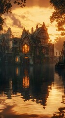 Obraz premium A golden hour landscape with a crystal-clear lake reflecting an upside-down city in the sky, surreal details on buildings with moss and ivy, ethereal mist on the water surface