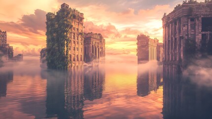 Fototapeta premium A golden hour landscape with a crystal-clear lake reflecting an upside-down city in the sky, surreal details on buildings with moss and ivy, ethereal mist on the water surface
