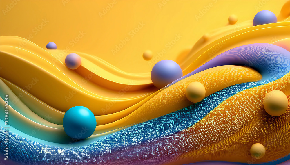 Poster a vibrant abstract composition with colorful paper waves and spheres. generative ai