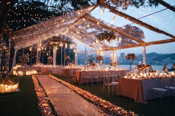 Elegant Outdoor Wedding Reception with String Lights and Clear Tent