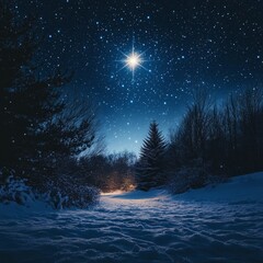 Naklejka premium Christmas star lighting up the night sky in snowy forest