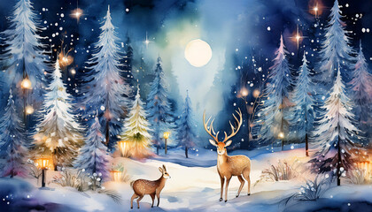 A watercolor painting of a deer and fawn in a snowy winter forest lit by the moon and fairy lights. Generative AI