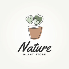 minimalist love shaped nature plant leaves in a pot line art icon logo vector illustration design. simple modern ecology, plant store, buy plant, evergreen logo concept