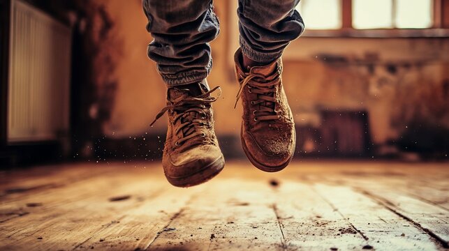 Close-up of a person's feet in brown boots jumping in an abandoned building. - Powered by Adobe