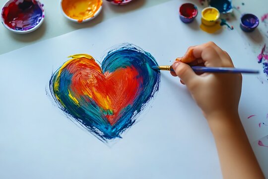 Kid painting a colorful heart on white paper using a brush and tempera colors