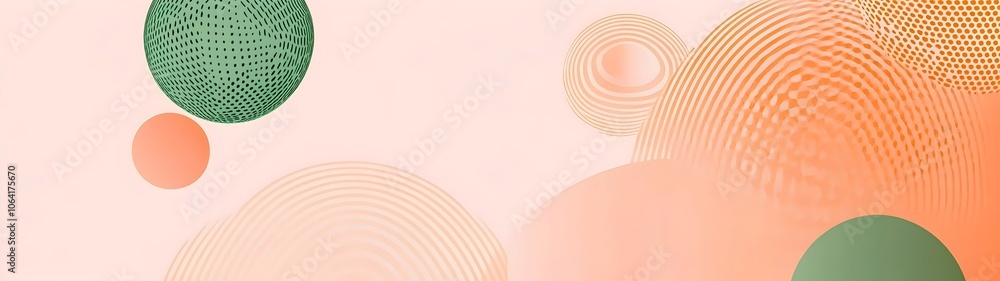 Poster a vibrant abstract design featuring green and orange circles with textured patterns on a soft peach 