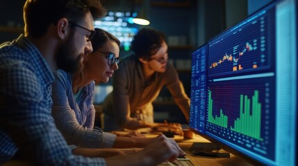 Professional team working on financial reports and market trends with digital tools in a modern office