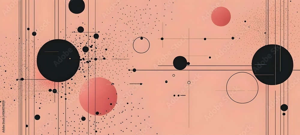 Poster an abstract design featuring a harmonious blend of black and red circles, intersecting lines, and a 