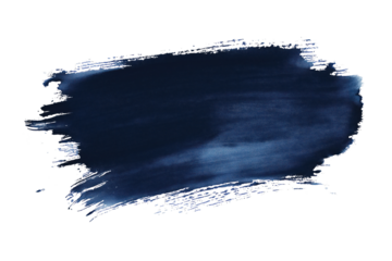 Dark blue paintbrush stroke isolated on transparent background. Bristles point upwards, texture and splatter of paint visible. Close-up view of artistic brush mark, grunge design, watercolor effect.