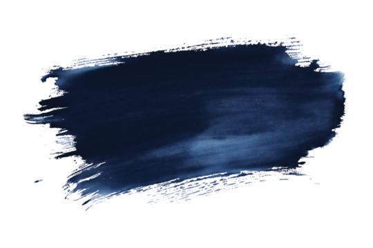 Dark blue paintbrush stroke isolated on transparent background. Bristles point upwards, texture and splatter of paint visible. Close-up view of artistic brush mark, grunge design, watercolor effect. - Powered by Adobe