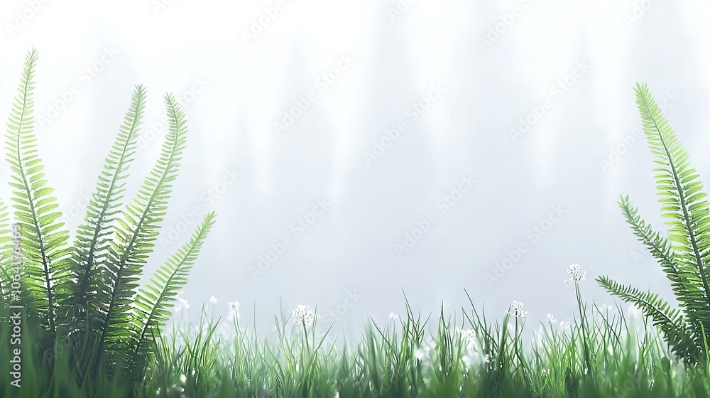 Poster a close-up of a grass field with numerous plants in the foreground and a hazy sky in the backdrop