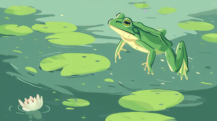 Cartoon Art of a Frog Leaping Over Lilypads in a Serene Pond. Concept of Nature's Tranquility, Wildlife Activity, Aquatic Habitat, Amphibians in Motion