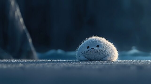   A photo of a plush toy by water, with ice on the ground and trees in the backdrop