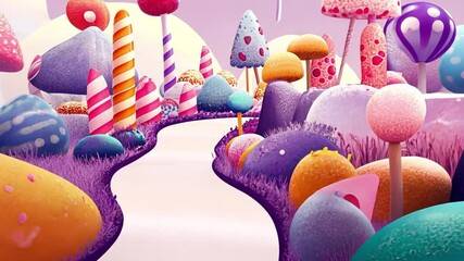 colorful candy land, Fantasy surreal candy and sweets landscape, footage, 4k footage, videos, video clip, slow motion, video wallpaper, animation, 4k - Powered by Adobe