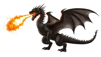 Black dragon stands on gray platform with wings spread. Long tail curled up in defensive stance. Fiery red flame in mouth. Fierce fantasy creature on isolated transparent background. Alpha mask.