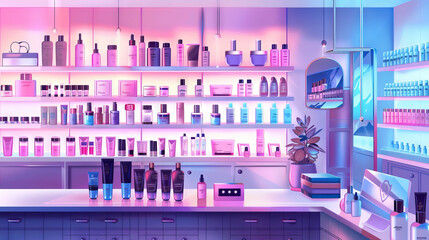 Stylish Boutique with shelves of beauty products and cosmetics in soft pink and blue lighting. Digital art. Concept of skincare, luxury cosmetic display, modern retail interior, product arrangement