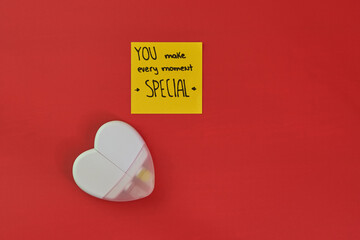 Notes with texts of Love and affection handwritten in colored post-it notes on a solid color...