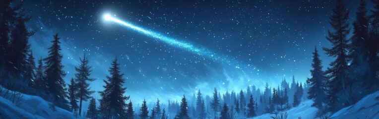 Fototapeta premium Christmas star lighting up the night sky in snowy forest