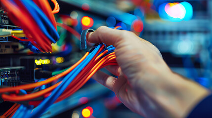 Close-up of hand connecting twisted pair internet wires in server room. concept of network infrastructure, technology maintenance, it systems, connectivity