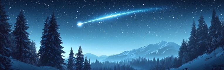 Christmas star lighting up the night sky in snowy forest