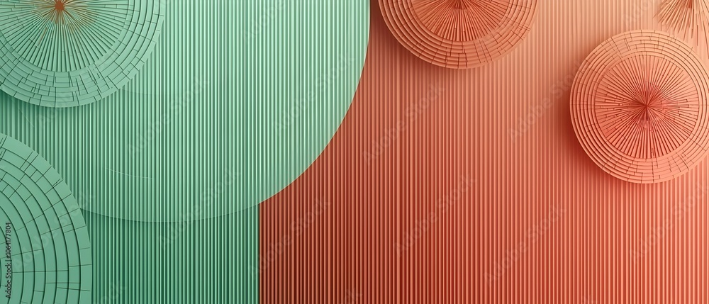 Poster an abstract composition featuring circular patterned designs in teal and orange hues, creating a har