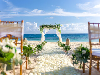 Fototapeta premium A picturesque beachside wedding ceremony featuring a beautifully decorated altar and joyful guests in attendance.