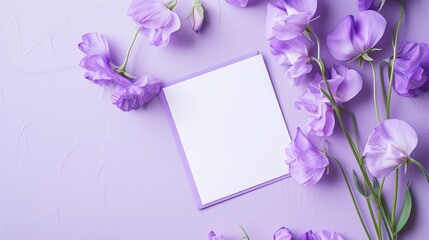 Purple sweet peas with blank card on pastel lavender background, minimalist floral arrangement, soft and romantic, spring design, nature-inspired greeting card template, copy space, gentle tones

