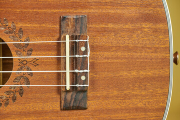 Ukulele. Hawaiian instrument that resembles a guitar but smaller in size with four strings that...