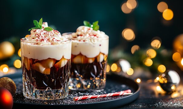 Close up of two White Russian Drinks in Cocktail Glasses topped with Peppermint. Festive Backdrop