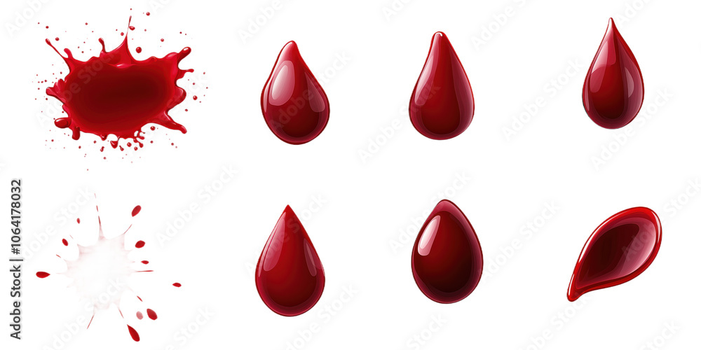 Poster Red droplets scattered on gray background. Vibrant red liquid splashes, isolated on transparent. Various size droplets, creating randomness, splashing, dripping, fluid motion. Alpha mask.