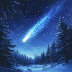 Fototapeta premium Christmas star lighting up the night sky in snowy forest