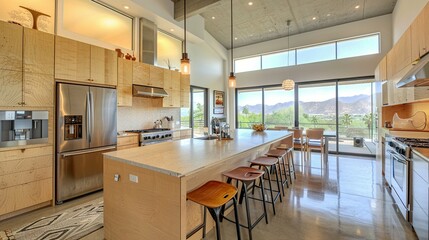 Obraz premium Modern Kitchen with Island, Bar Stools, and Mountain Views