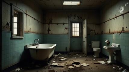 a decaying bathroom in an abandoned building. The once-elegant room is now in a state of disrepair, with peeling paint, cracked tiles, and broken fixtures.