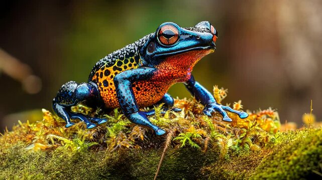 A vibrant frog perched on moss, showcasing its colorful skin and intricate patterns.