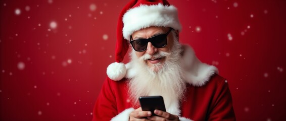 Cheerful Santa Claus wearing sunglasses uses a smartphone against a festive red background, conveying modernity, joy, and holiday spirit. Ideal for Christmas-themed promotions and digital greetings.

