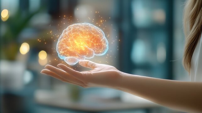 Abstract stock photo of a human hand and a robotic appendage gesturing towards a luminous digital brain, indicating the synergy between human intuition and AI algorithms.