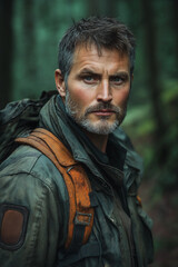 Abenteuerlicher Mann im Wald mit Rucksack

