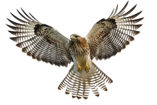 Majestic brown hawk in flight. Bird of prey wings spread wide. Sharp beak pointed downwards. transparent background provides contrast to brown feathers, white chest, and wing. Hawk head turned left.